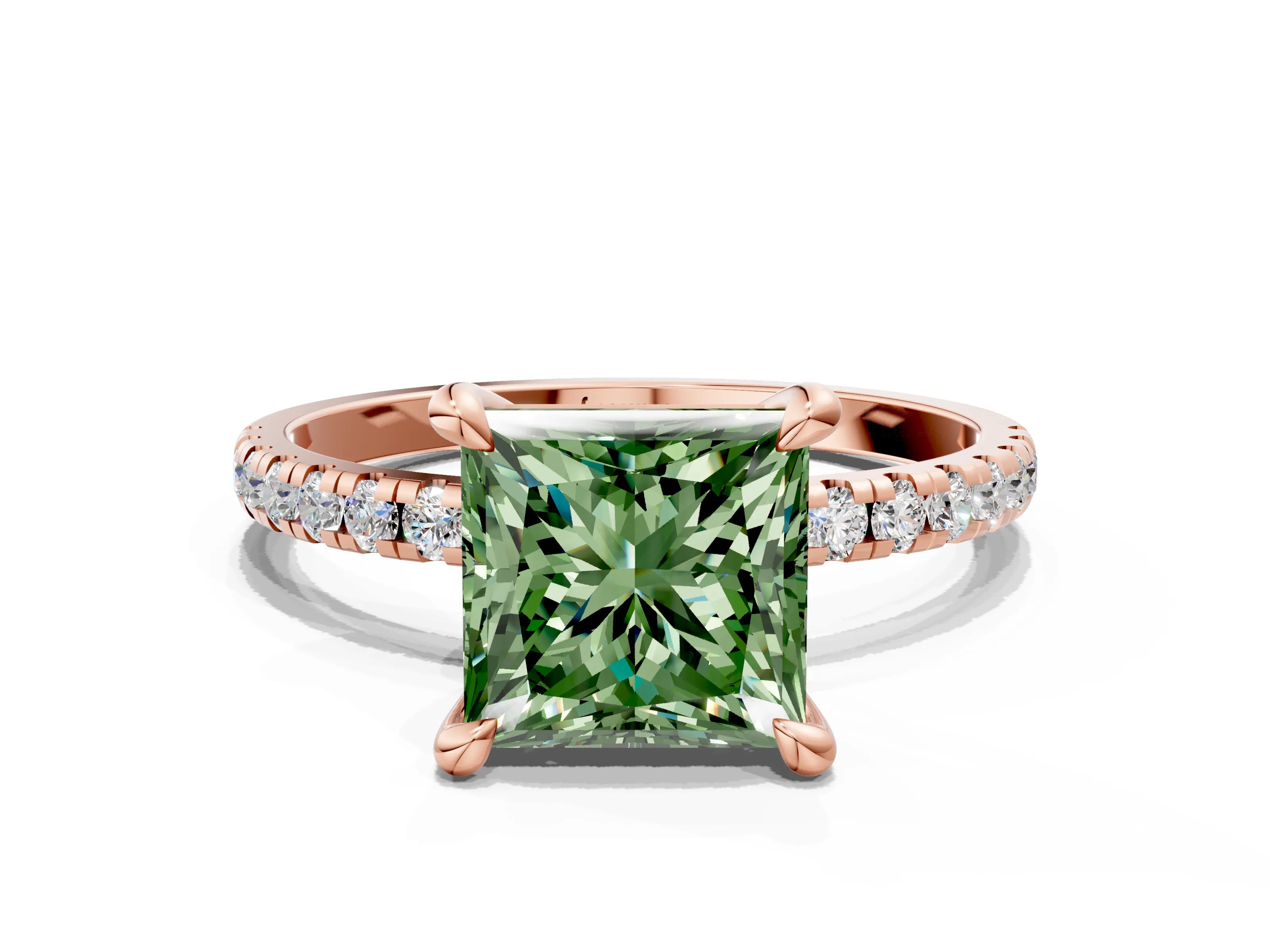 Rose gold Fancy Green Princess Cut Diamond Brilliant Solitaire Ring with Pavé Band and Four-Prong Setting