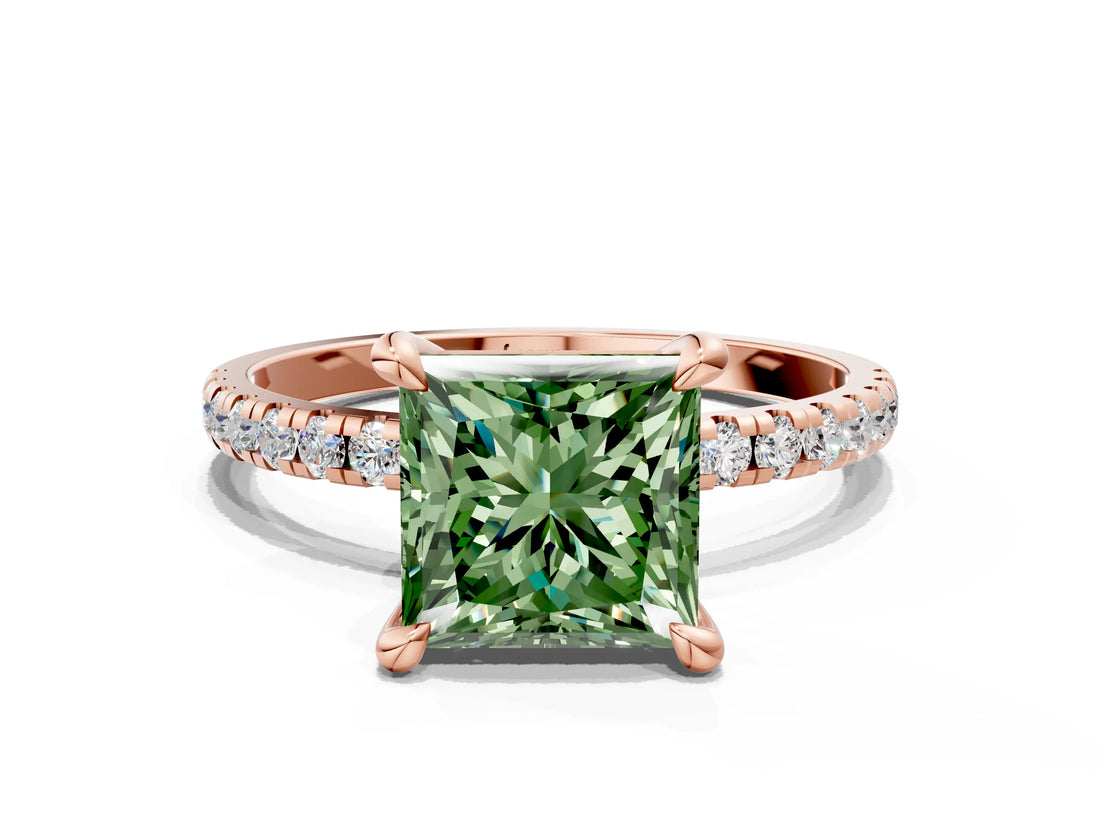 Rose gold Fancy Green Princess Cut Diamond Brilliant Solitaire Ring with Pavé Band and Four-Prong Setting