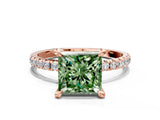 Rose gold Fancy Green Princess Cut Diamond Brilliant Solitaire Ring with Pavé Band and Four-Prong Setting