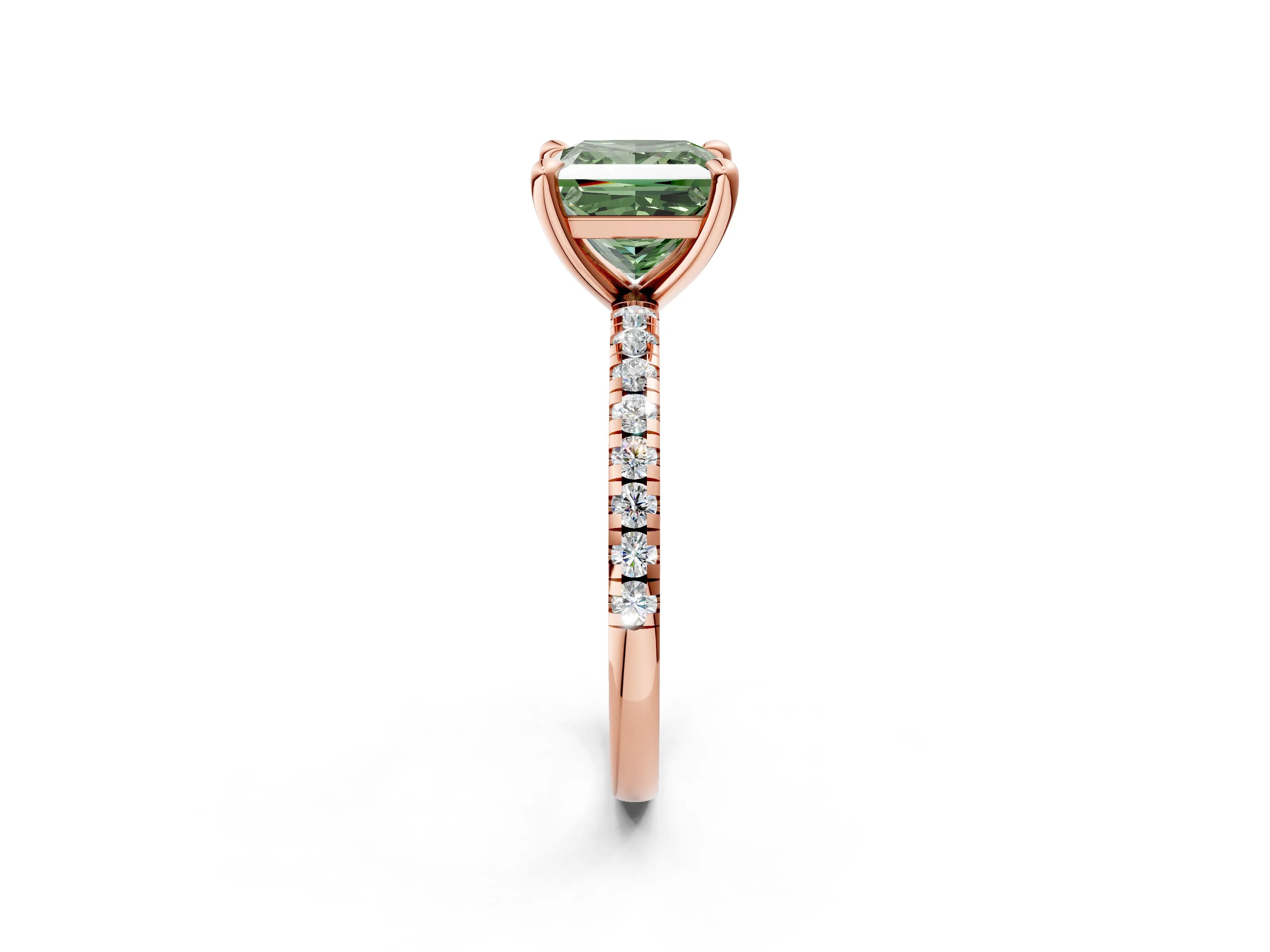 Rose gold Fancy Green Princess Cut Diamond Brilliant Solitaire Ring with Pavé Band and Four-Prong Setting_2