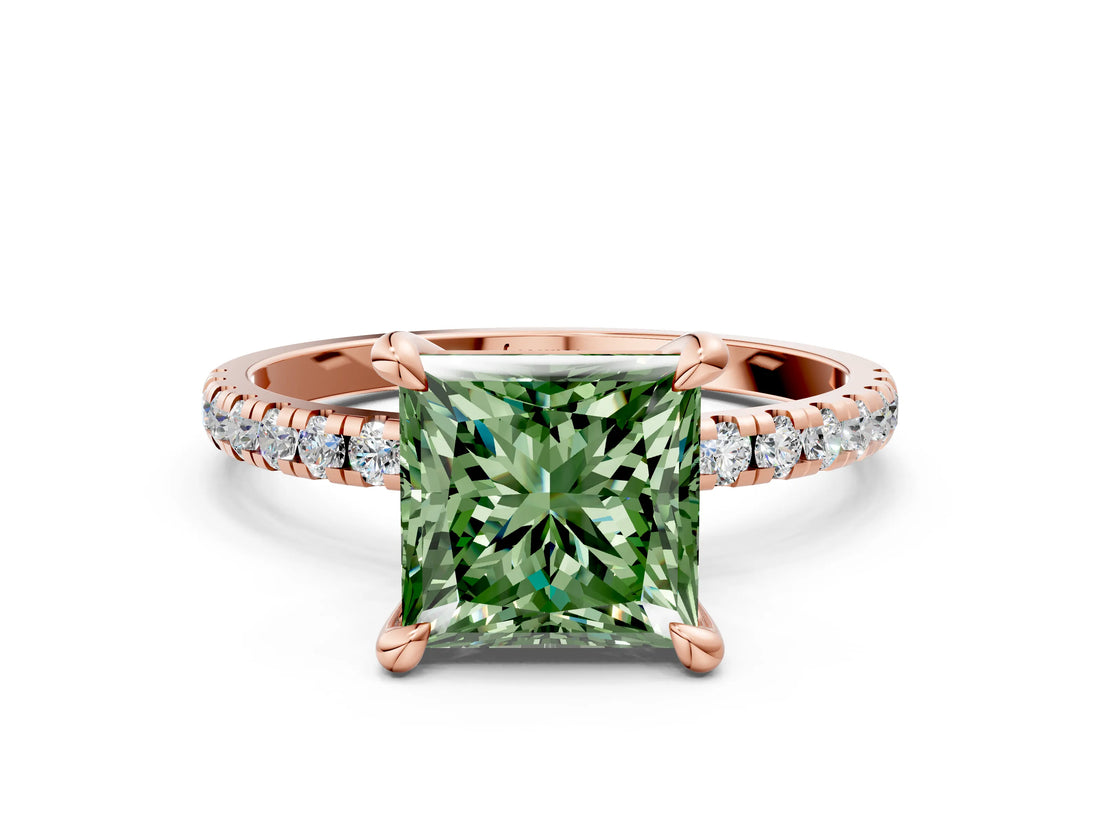 Rose gold Fancy Green Princess Cut Diamond Brilliant Solitaire Ring with Pavé Band and Four-Prong Setting_24