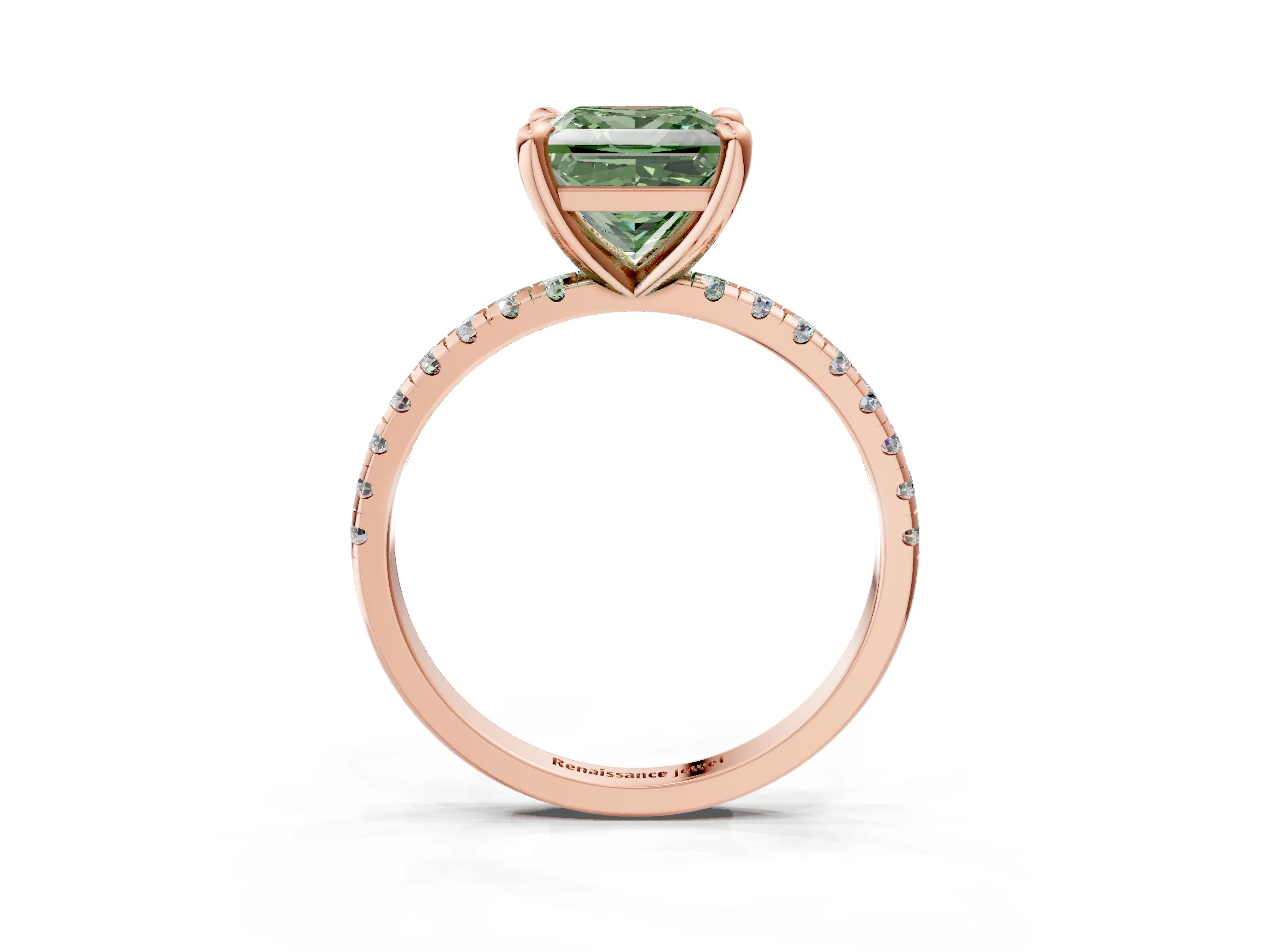 Rose gold Fancy Green Princess Cut Diamond Brilliant Solitaire Ring with Pavé Band and Four-Prong Setting_3