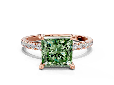 Rose gold Fancy Green Princess Cut Diamond Brilliant Solitaire Ring with Pavé Band and Four-Prong Setting