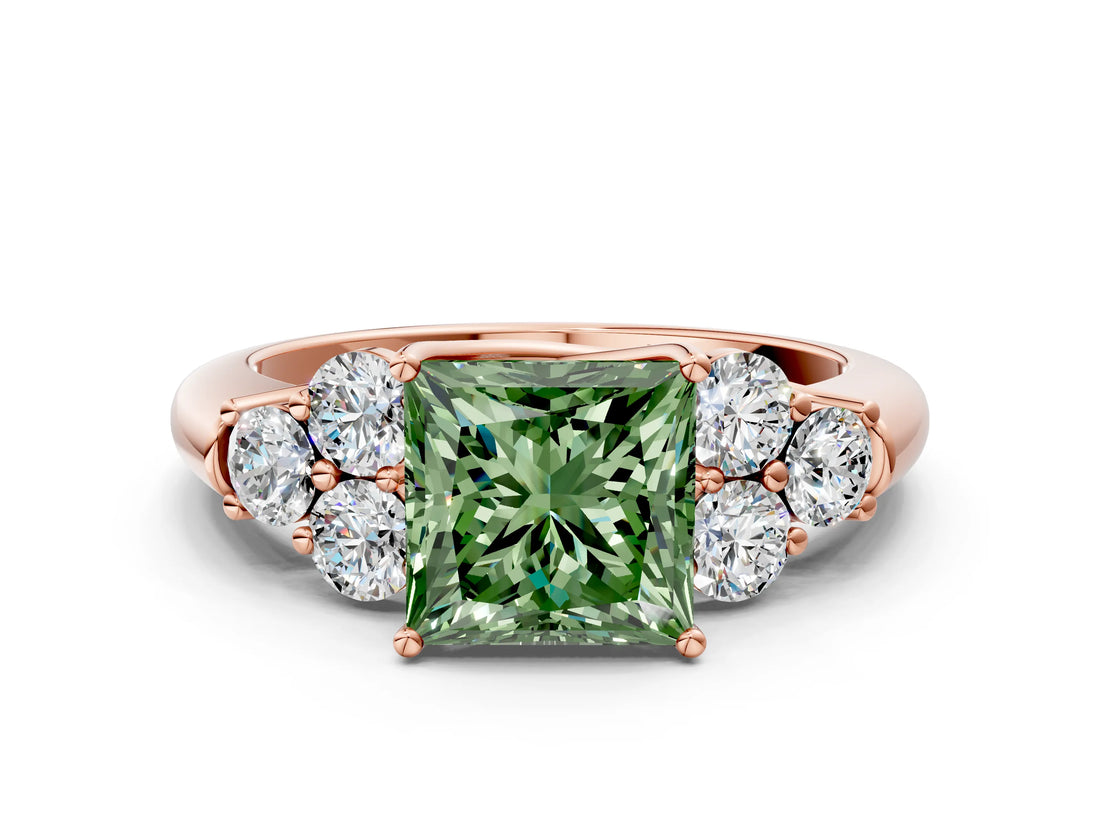 Rose gold Fancy Green Princess  Cut Diamond Cluster Ring with Round Accent Stones and Prong Setting on a Classic Band_28