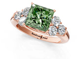 Rose gold Fancy Green Princess  Cut Diamond Cluster Ring with Round Accent Stones and Prong Setting on a Classic Band_29