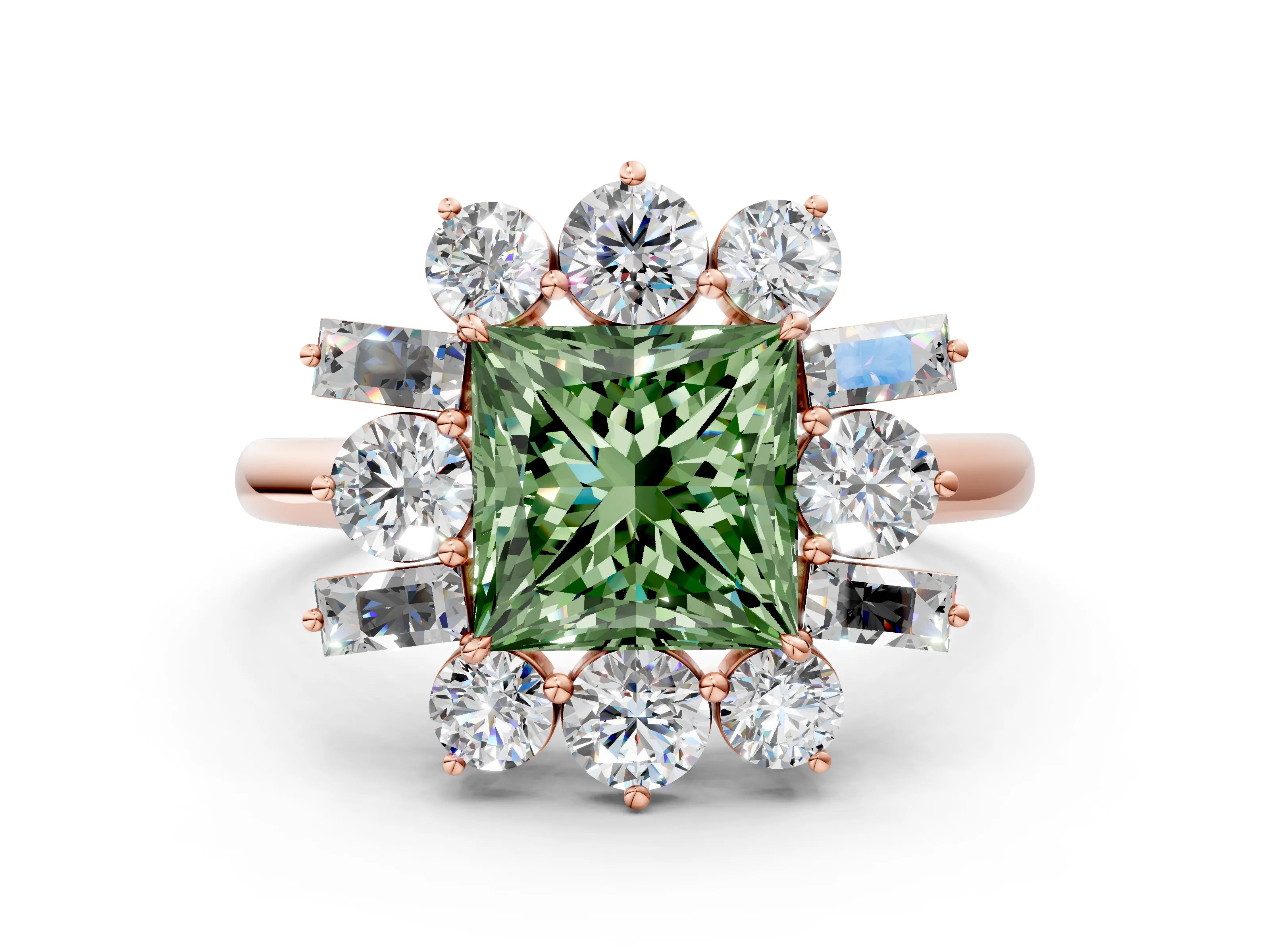 Rose gold Fancy Green Princess Cut Diamond Cluster Ring with Round and Baguette Stones, Split Shank Band, Prong Setting