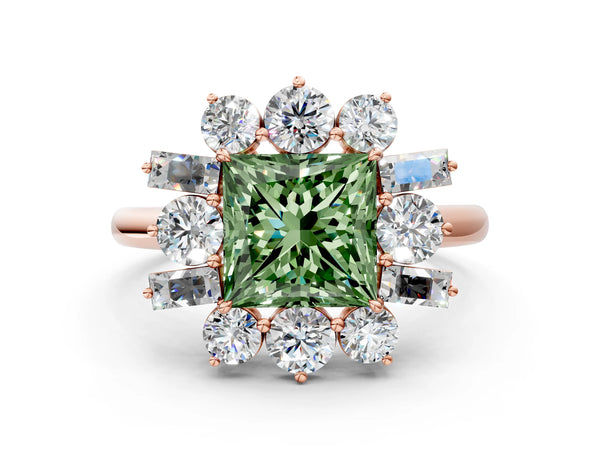 Rose gold Fancy Green Princess Cut Diamond Cluster Ring with Round and Baguette Stones, Split Shank Band, Prong Setting