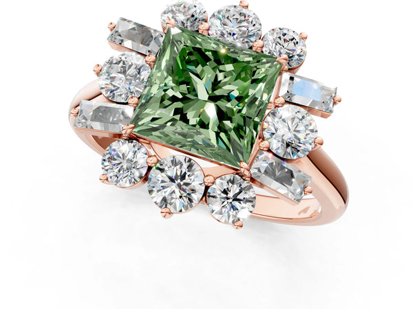 Rose gold Fancy Green Princess Cut Diamond Cluster Ring with Round and Baguette Stones, Split Shank Band, Prong Setting