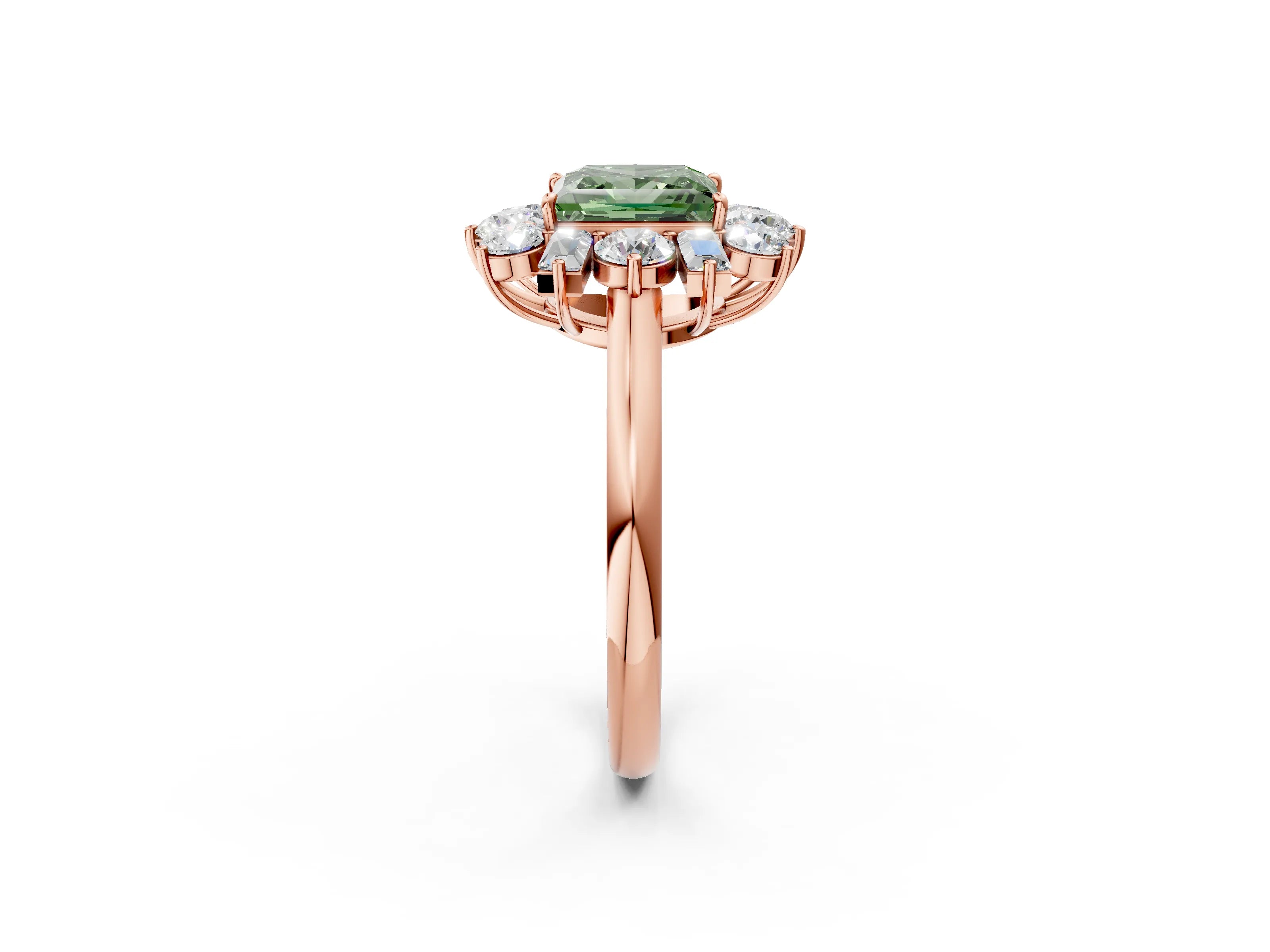 Rose gold Fancy Green Princess Cut Diamond Cluster Ring with Round and Baguette Stones, Split Shank Band, Prong Setting_2