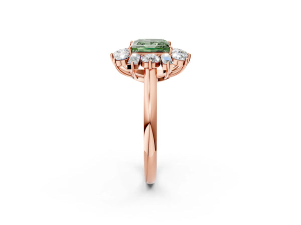 Rose gold Fancy Green Princess Cut Diamond Cluster Ring with Round and Baguette Stones, Split Shank Band, Prong Setting