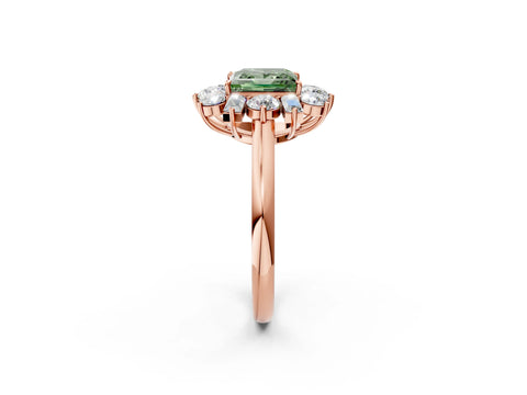 Rose gold Fancy Green Princess Cut Diamond Cluster Ring with Round and Baguette Stones, Split Shank Band, Prong Setting_2