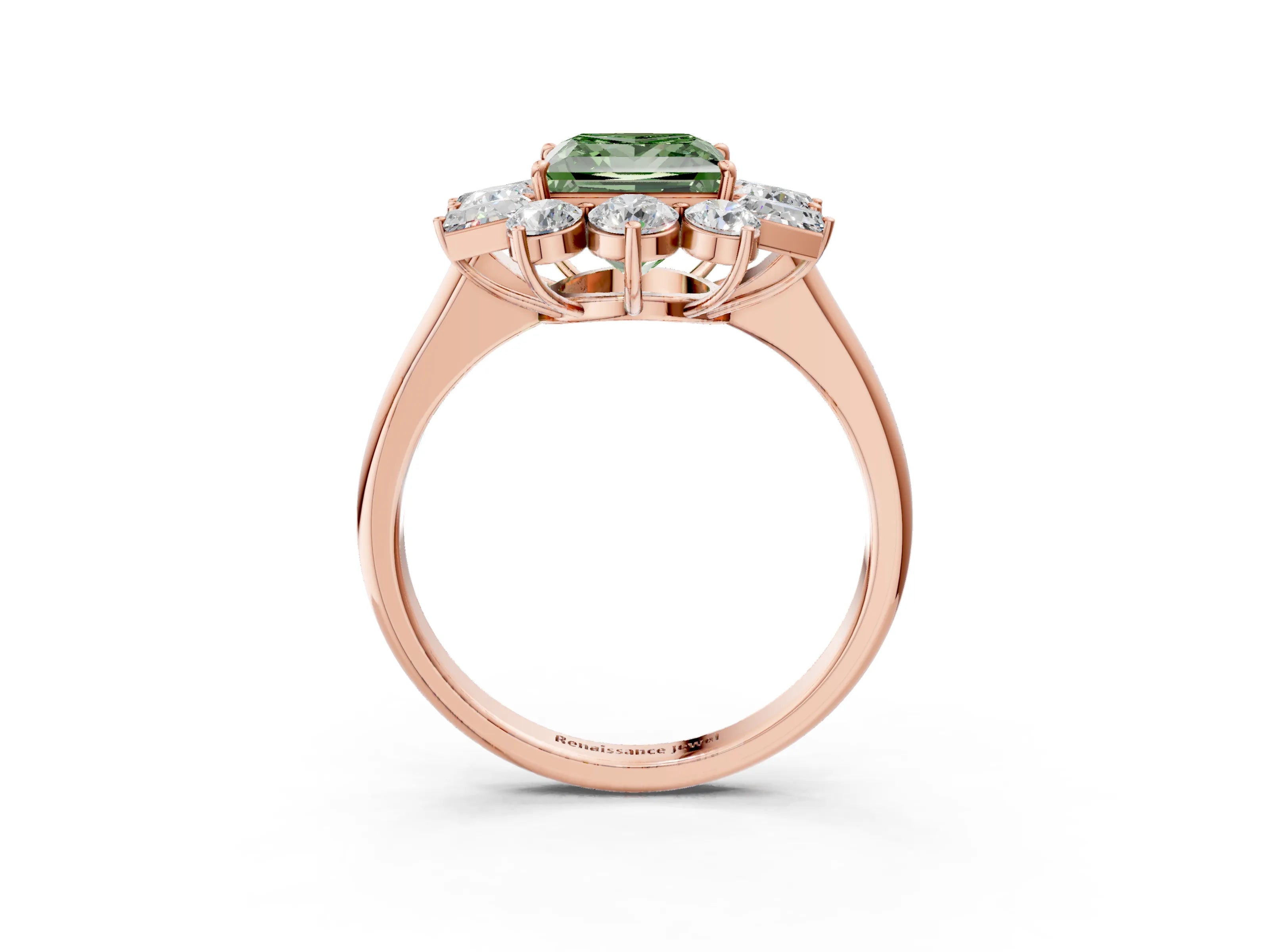 Rose gold Fancy Green Princess Cut Diamond Cluster Ring with Round and Baguette Stones, Split Shank Band, Prong Setting_3