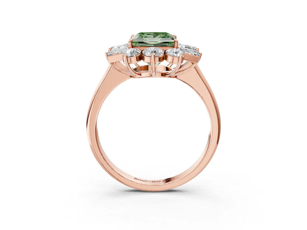 Rose gold Fancy Green Princess Cut Diamond Cluster Ring with Round and Baguette Stones, Split Shank Band, Prong Setting