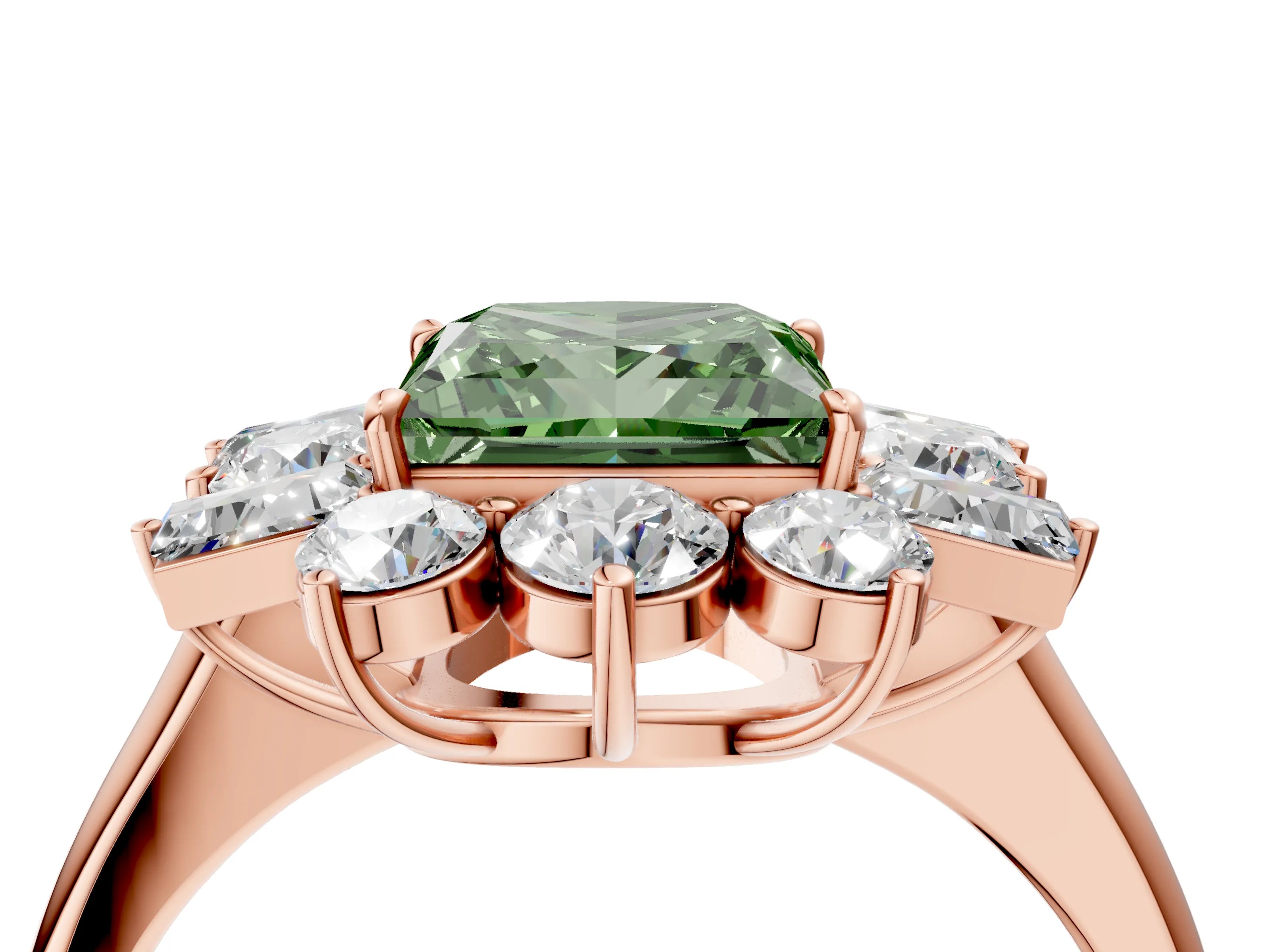 Rose gold Fancy Green Princess Cut Diamond Cluster Ring with Round and Baguette Stones, Split Shank Band, Prong Setting_4