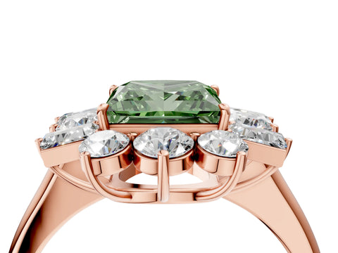Rose gold Fancy Green Princess Cut Diamond Cluster Ring with Round and Baguette Stones, Split Shank Band, Prong Setting_4
