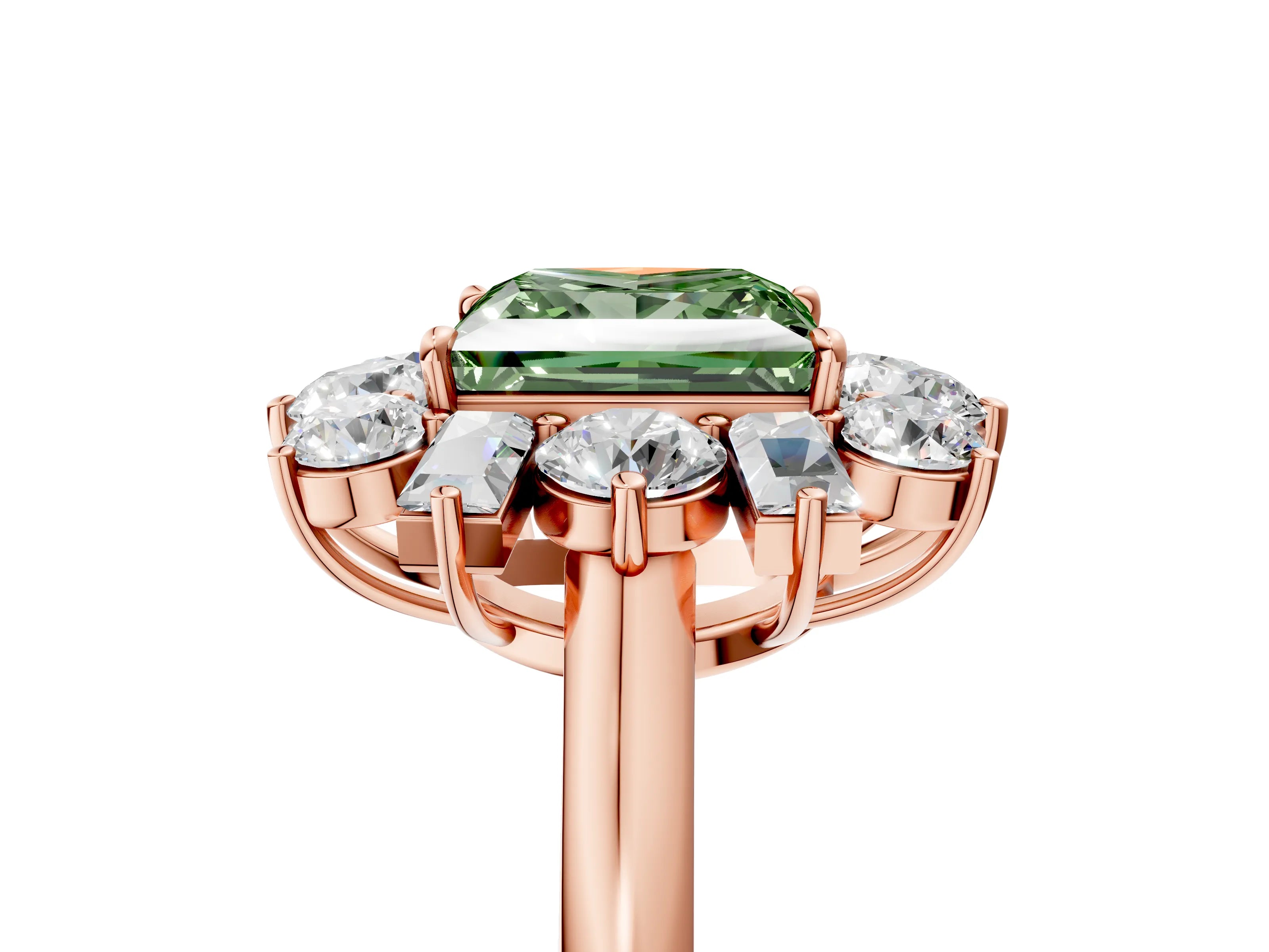 Rose gold Fancy Green Princess Cut Diamond Cluster Ring with Round and Baguette Stones, Split Shank Band, Prong Setting_5