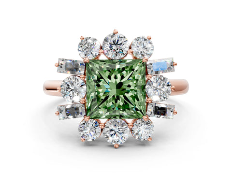 Rose gold Fancy Green Princess Cut Diamond Cluster Ring with Round and Baguette Stones, Split Shank Band, Prong Setting
