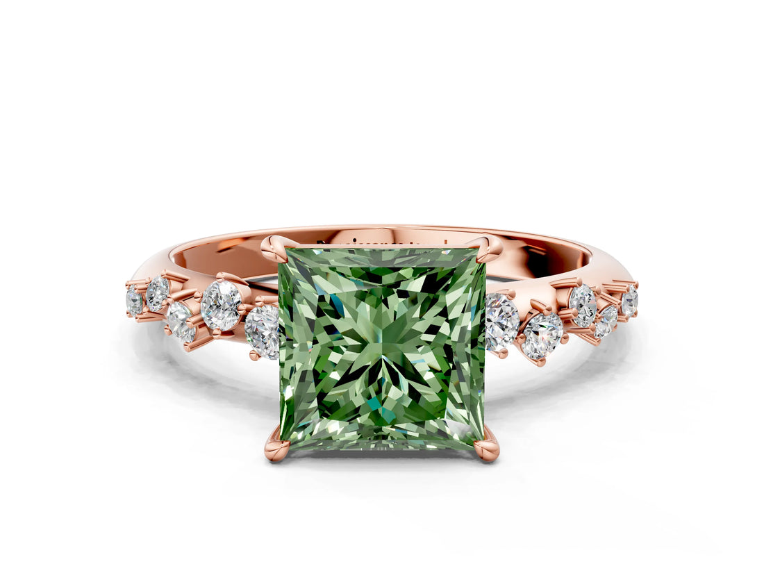 Rose gold Fancy Green Princess Cut Diamond Cluster Side Stone Solitaire Ring with Prong Setting_28