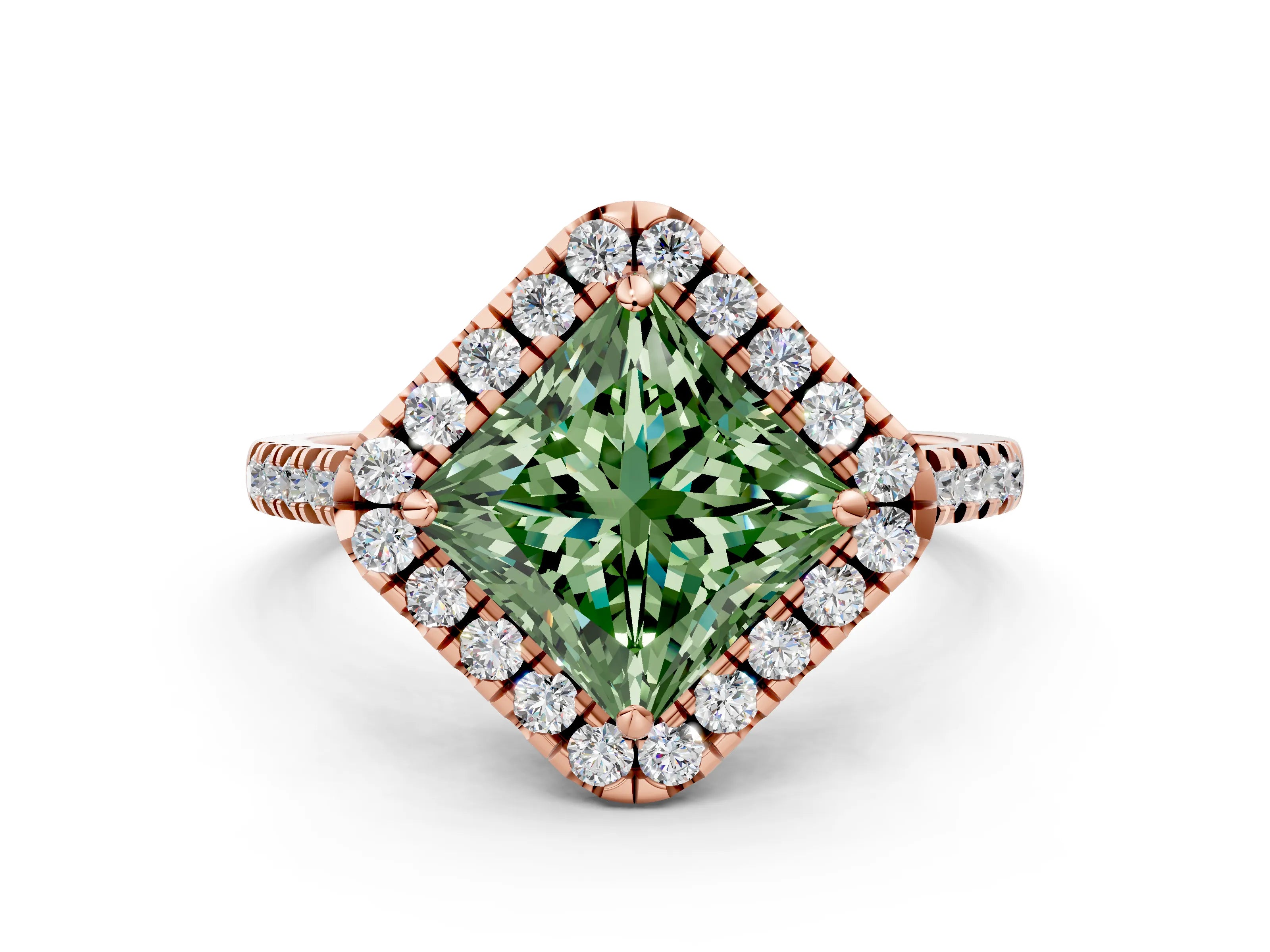 Rose gold Fancy Green Princess Cut Diamond Cushion Halo Ring with Pavé Band