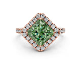 Rose gold Fancy Green Princess Cut Diamond Cushion Halo Ring with Pavé Band