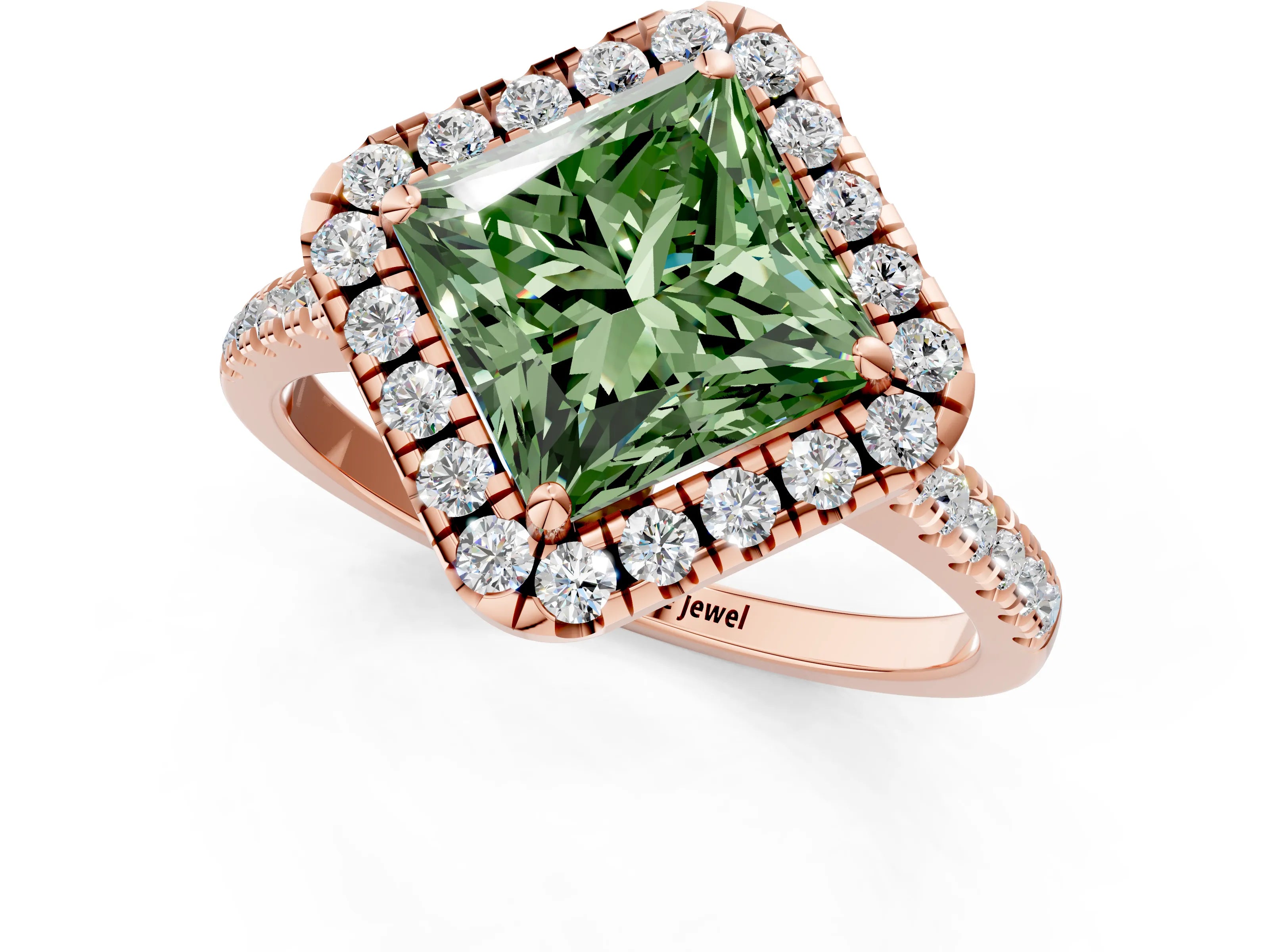Rose gold Fancy Green Princess Cut Diamond Cushion Halo Ring with Pavé Band_1