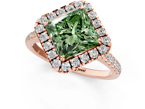 Rose gold Fancy Green Princess Cut Diamond Cushion Halo Ring with Pavé Band_1
