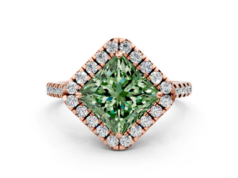 Rose gold Fancy Green Princess Cut Diamond Cushion Halo Ring with Pavé Band