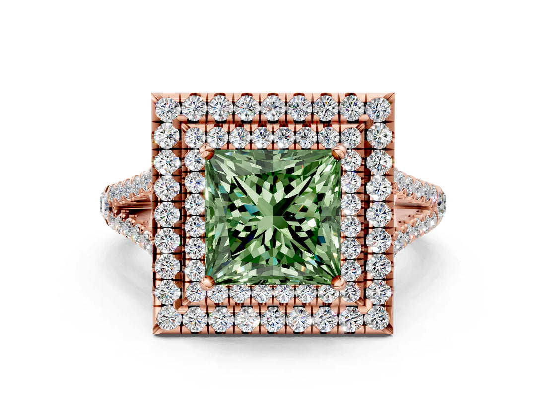 Rose gold Fancy Green Princess Cut Diamond Double Halo Ring with Pavé Band and Prong Setting_18