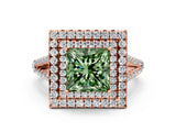 Rose gold Fancy Green Princess Cut Diamond Double Halo Ring with Pavé Band and Prong Setting_18