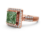 Rose gold Fancy Green Princess Cut Diamond Double Halo Ring with Split Shank and Four-Prong Setting