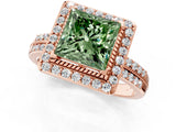 Rose gold Fancy Green Princess Cut Diamond Double Halo Ring with Split Shank and Four-Prong Setting_1