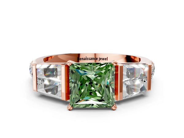 Rose gold Fancy Green Princess Cut Diamond Engagement Ring with Baguette Side Stones and Channel Set Band