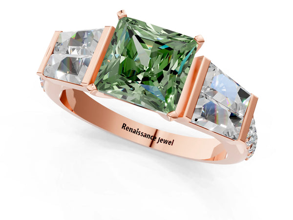 Rose gold Fancy Green Princess Cut Diamond Engagement Ring with Baguette Side Stones and Channel Set Band
