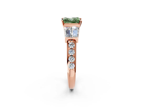 Rose gold Fancy Green Princess Cut Diamond Engagement Ring with Baguette Side Stones and Channel Set Band