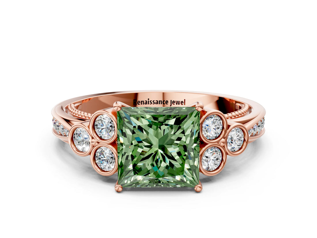 Rose gold Fancy Green Princess  Cut Diamond Engagement Ring with Bezel Set Round Side Stones and Prong Setting_30