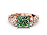 Rose gold Fancy Green Princess  Cut Diamond Engagement Ring with Bezel Set Round Side Stones and Prong Setting_30