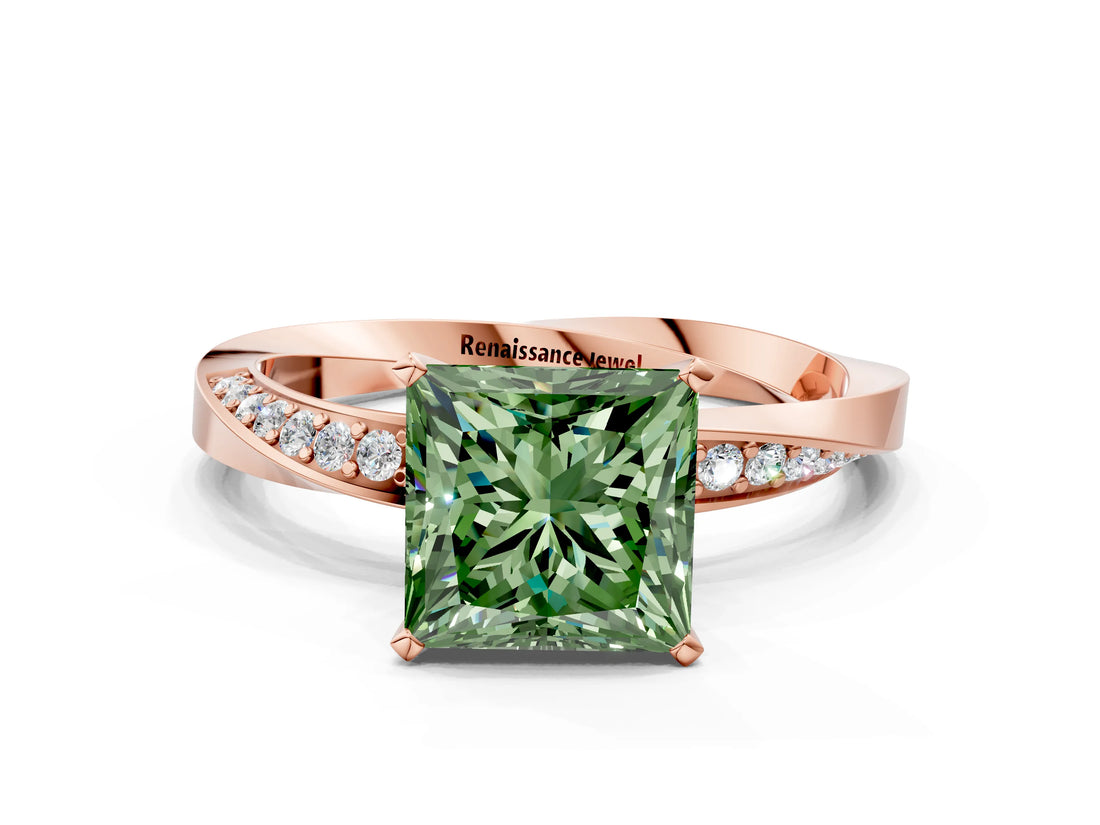 Rose gold Fancy Green Princess Cut Diamond Engagement Ring with Side Stone Accents and Four-Prong Setting_12