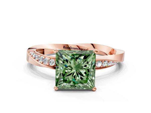 Rose gold Fancy Green Princess Cut Diamond Engagement Ring with Side Stone Accents and Four-Prong Setting