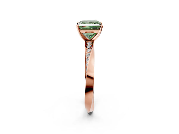 Rose gold Fancy Green Princess Cut Diamond Engagement Ring with Side Stone Accents and Four-Prong Setting