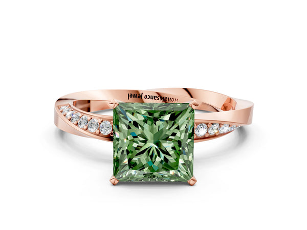 Rose gold Fancy Green Princess Cut Diamond Engagement Ring with Side Stone Accents and Four-Prong Setting