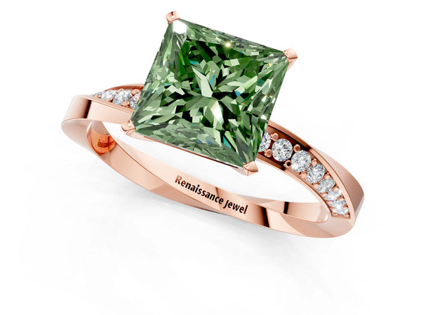 Rose gold Fancy Green Princess Cut Diamond Engagement Ring with Side Stone Accents and Four-Prong Setting