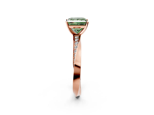 Rose gold Fancy Green Princess Cut Diamond Engagement Ring with Side Stone Accents and Four-Prong Setting