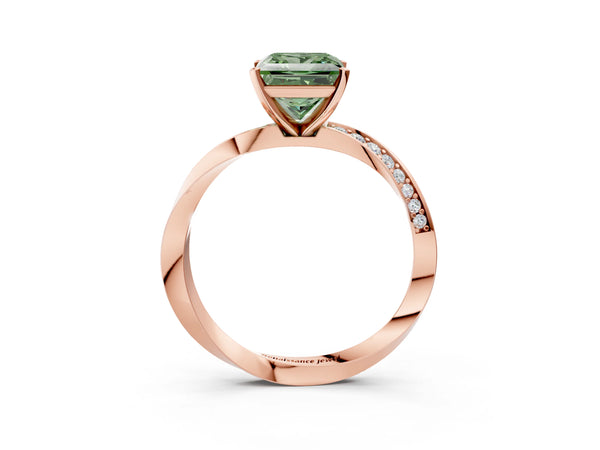 Rose gold Fancy Green Princess Cut Diamond Engagement Ring with Side Stone Accents and Four-Prong Setting