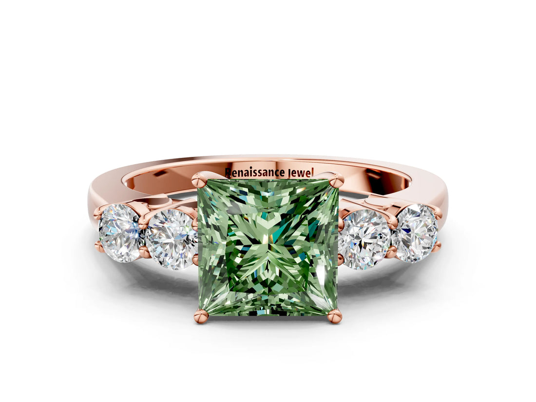 Rose gold Fancy Green Princess  Cut Diamond Five-Stone Prong Set White Gold Ring_29