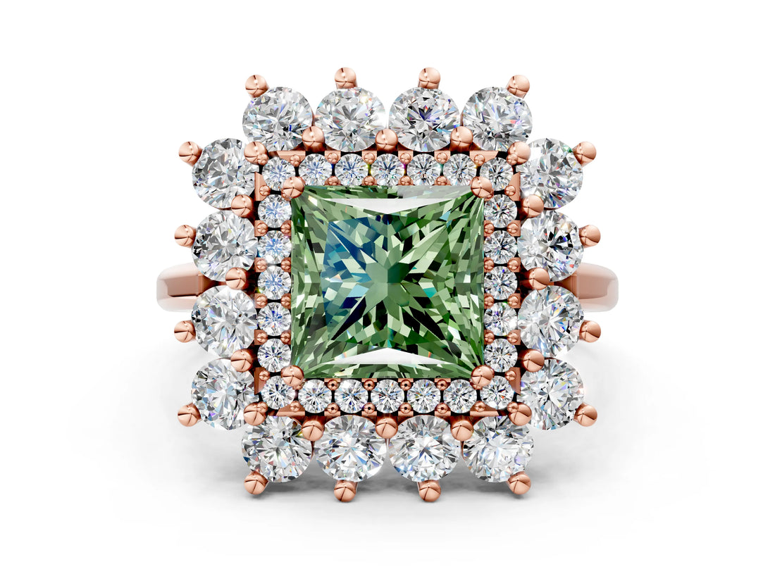 Rose gold Fancy Green Princess Cut Diamond Floral Double Halo Engagement Ring with Prong Setting_24