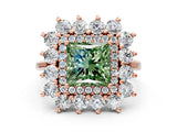 Rose gold Fancy Green Princess Cut Diamond Floral Double Halo Engagement Ring with Prong Setting_60