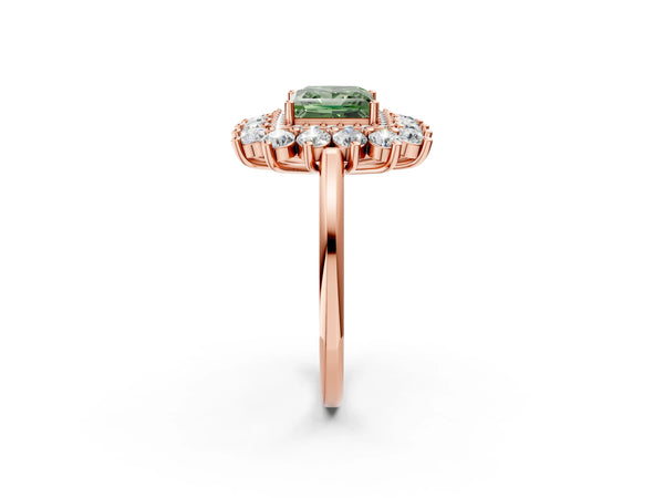 Rose Gold Princess Cut Floral Double Halo Engagement Ring Setting for Fancy Green Center
