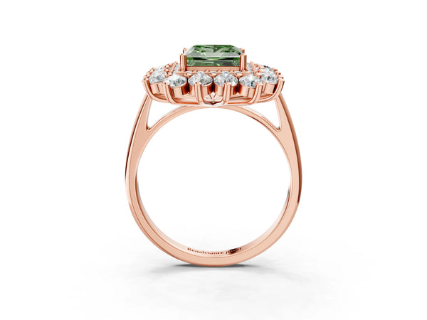 Rose Gold Princess Cut Floral Double Halo Engagement Ring Setting for Fancy Green Center