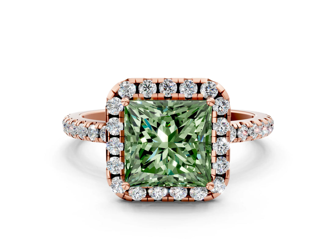 Rose gold Fancy Green Princess  Cut Diamond Floral Halo Engagement Ring with Pavé Band and Prong Setting_17