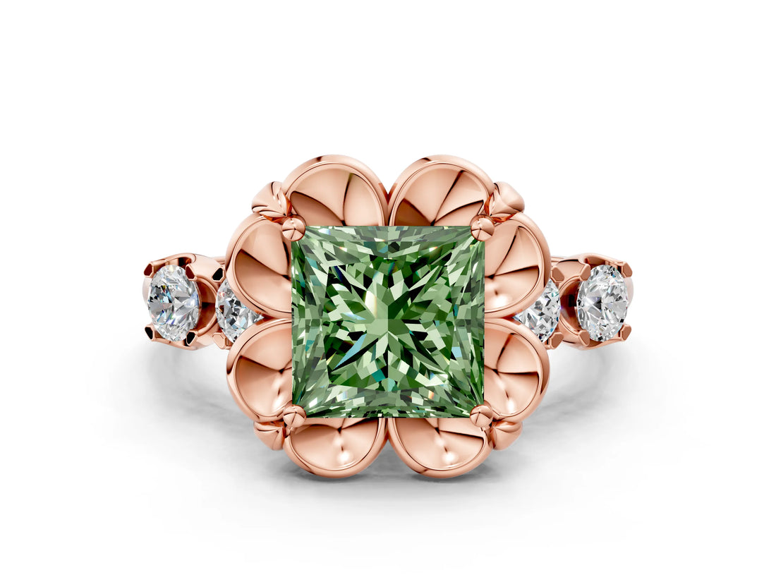 Rose gold Fancy Green Princess  Cut Diamond Floral Halo Engagement Ring with Shared Prong Setting 1